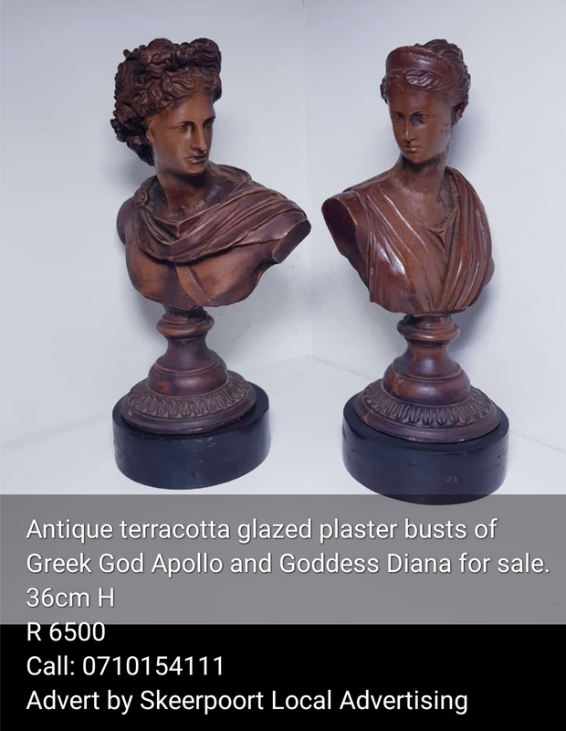 Antique terracotta glazed plaster busts of Greek God Apollo and Goddess Diana for sale.