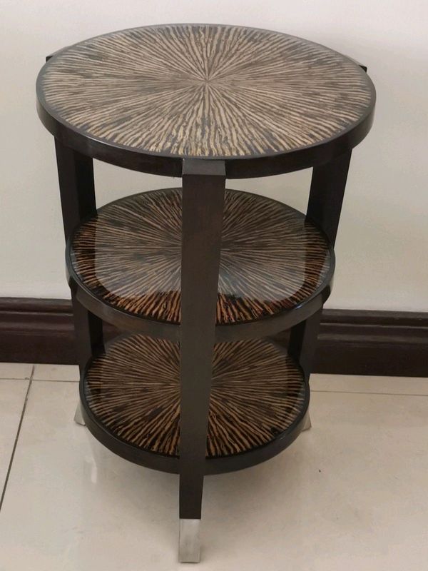 A brand new exquisite french polished inlayed three tiered side table