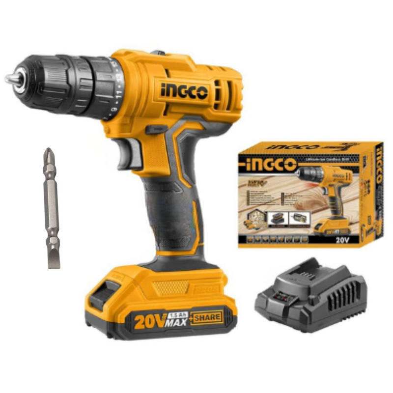 Ingco - 20V LI-ION Cordless Drill with Battery and Charger