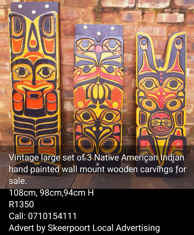 Vintage large set of 3 Native American Indian pand painted wooden wall mount carvings For Sale