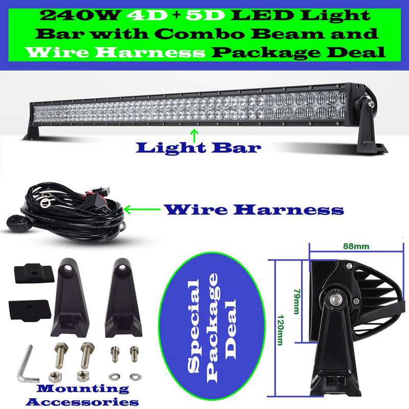 240W 4D and 5D New Generation LED Light Bar and Wire Harness Kit LED Auto Work Spot Search Light Bar