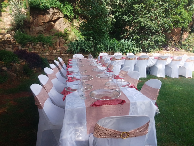 Outside decor set up. Tables and chairs hire with linen, cutlery, crockery and glassware.