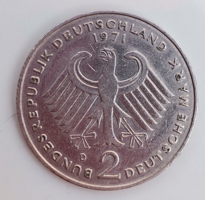 1971 German 2 Mark (D) Theodor Heuss 20th Anniversary Federal Republic (1949 - 1969) Coin For Sale