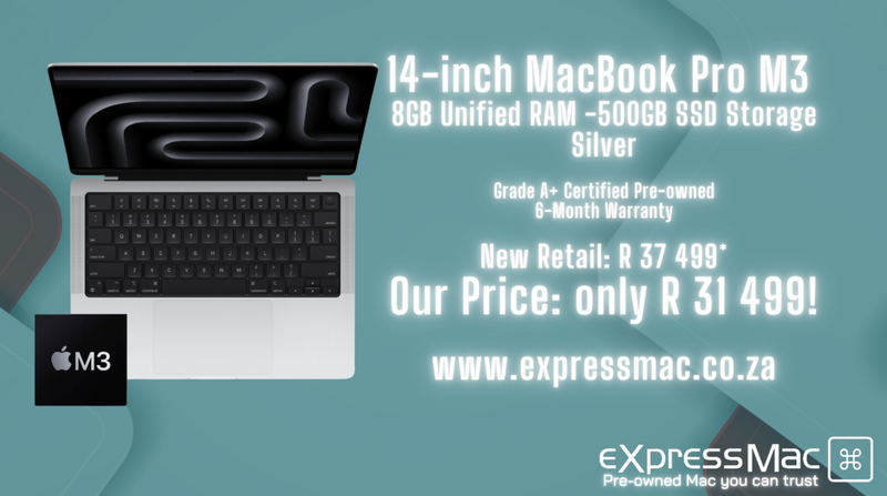 MacBook Pro 14-inch M3-8GB RAM -500GB SSD (2023) Silver, Mint, 6-Month Warranty. ML