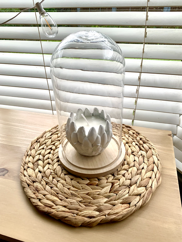 Glass Dome with Wooden Base and White Candle