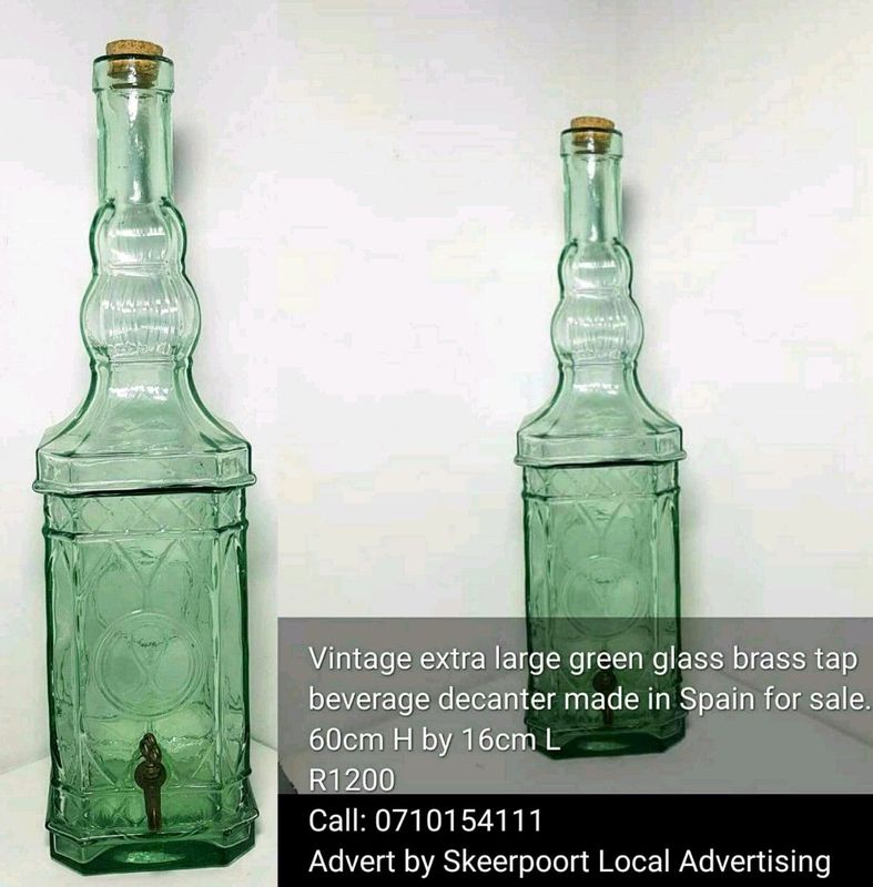 Vintage extra large green glass beverage decanter made in Spain for sale
