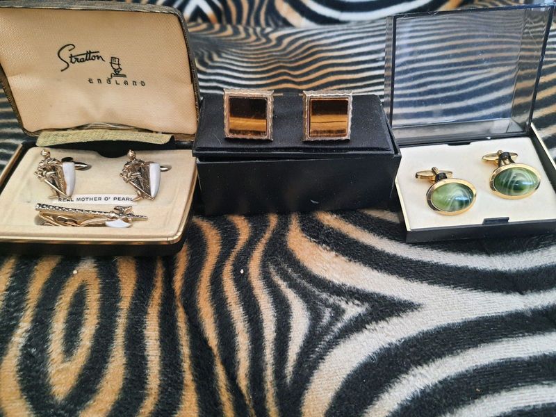 Mother of pearl cuff link set tiger eye and onyx cuff links