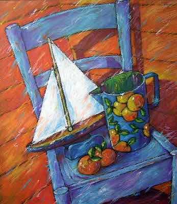 Original, Pastel Still Life Artwork by SA Artist - Blue Chair with Oranges