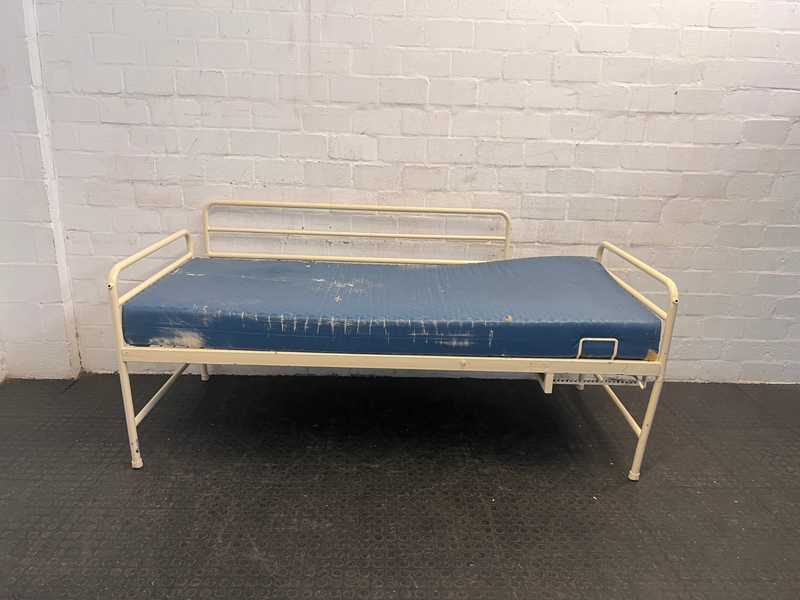 Adjustable Hospital Single Bed with Blue Mattress and Cot Sides (Torn/Stained), A48337