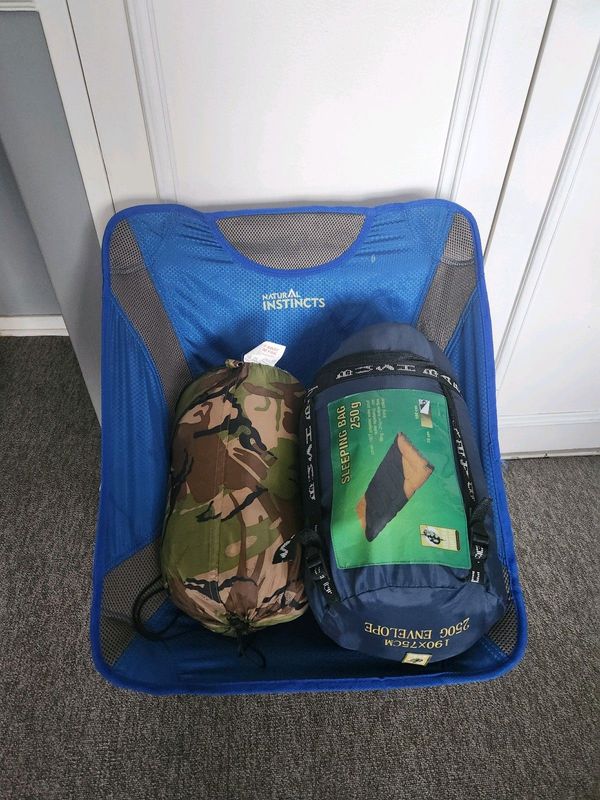 Kids camping chair and two sleeping bags