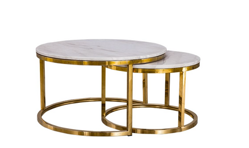Recoverable Nesting Coffee Tables- 2 Pack Rounded Marble Top White / Gold Colours -