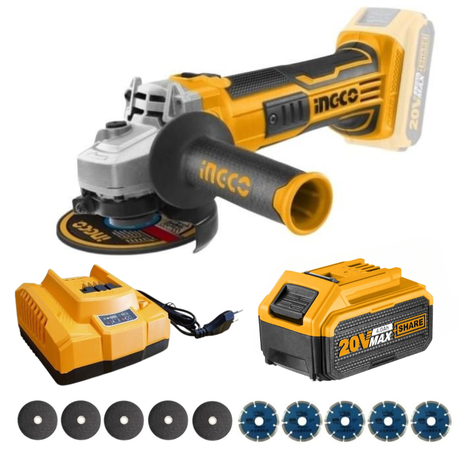 Ingco - Cordless Angle Grinder (20V) with Charger, Battery (4Ah) and Discs