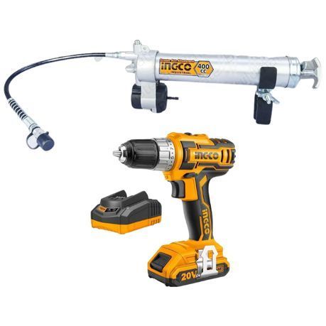 Ingco-Grease Gun Attachment With Cordless Drill, Charger and Battery Combo