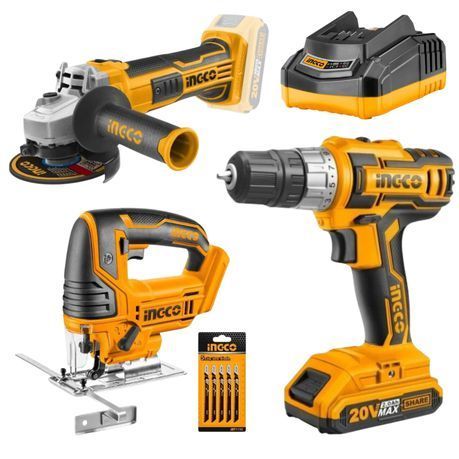 Ingco - Cordless Drill, Grinder and Jigsaw Set with Battery and Charger