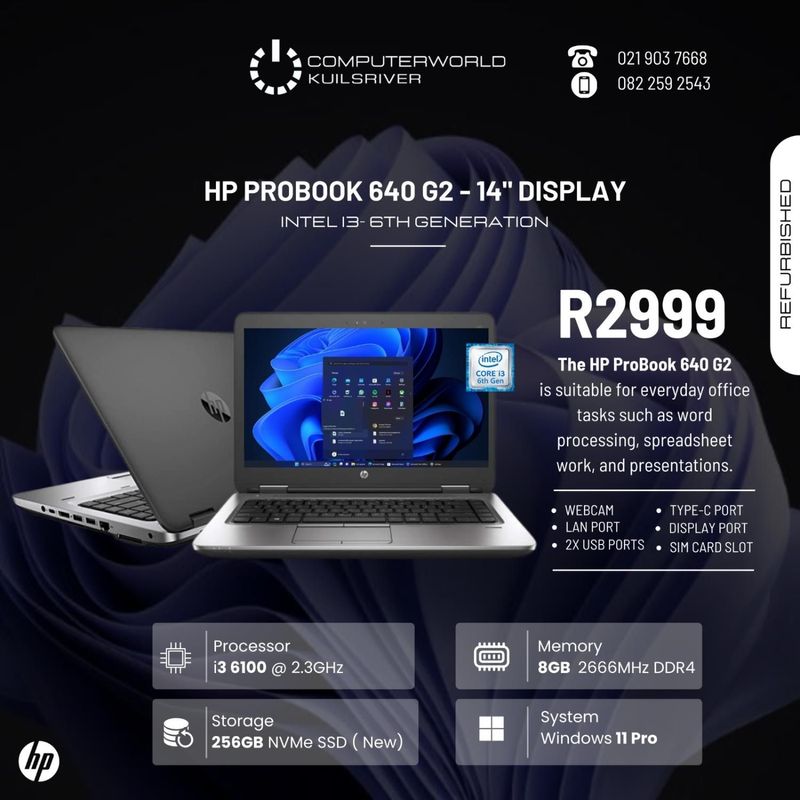 i3 6TH GENE HP ProBook 640 G2 Laptops /8GB ddr4 RAM/256GB nvme SSD/Windows 11  for R3000