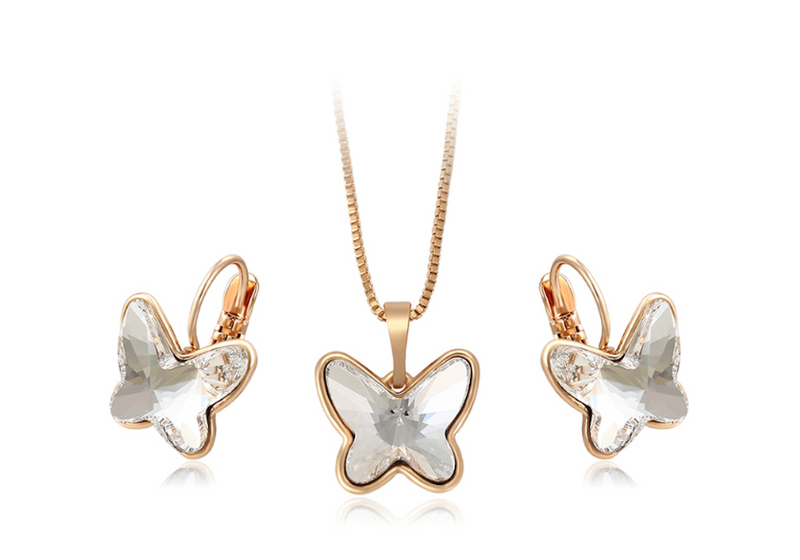 Crystal Necklace And Earrings Set - Butterfly Pendants - White / Gold - Women -