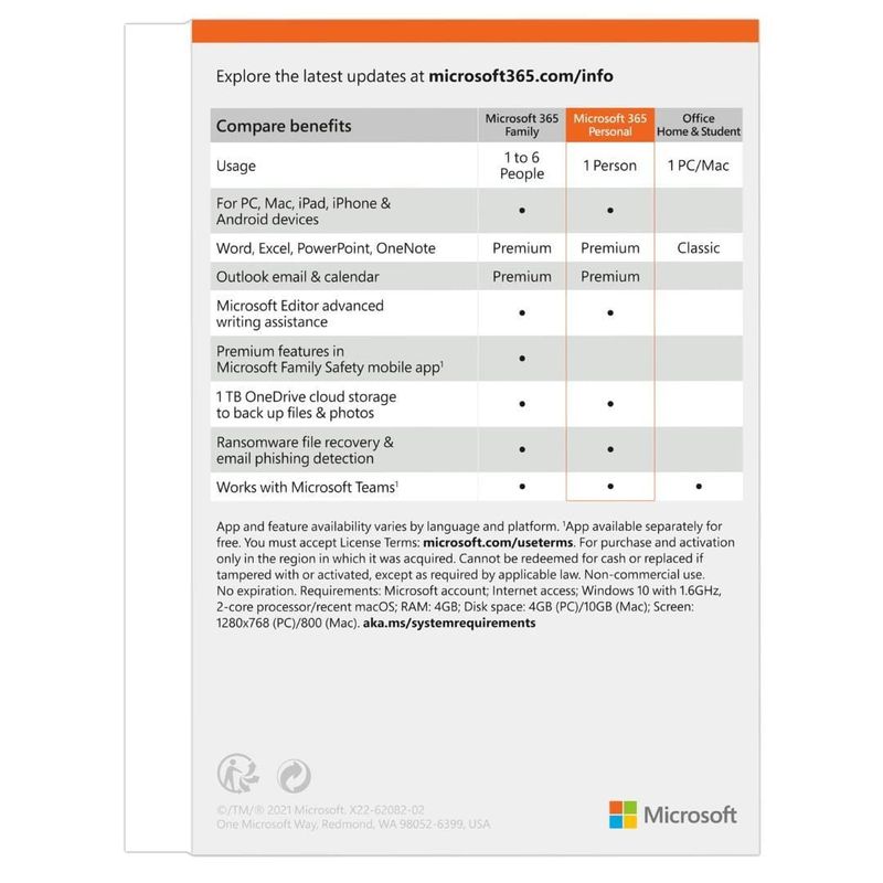 Microsoft 365 Personal PC Mac and Mobile 1-user 12-month Subscription FPP QQ2-01403 - Brand New