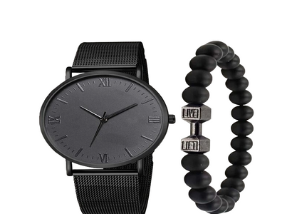Nearly New Men S Gift Mesh Strap Round Pointer Quartz Watch Dumbell Bracelet - Working Completely