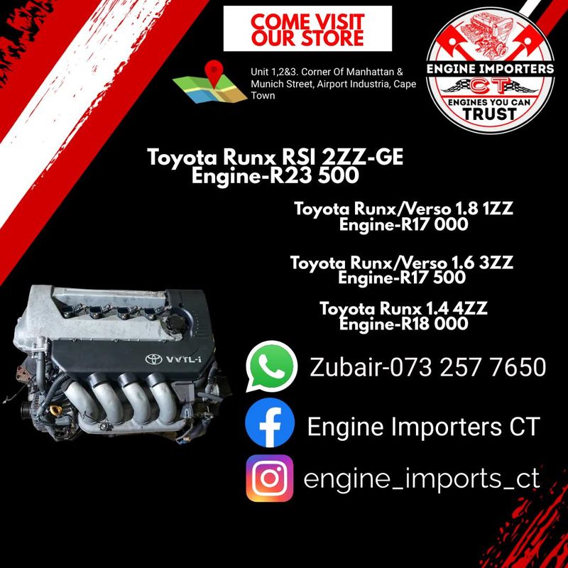 Toyota Runx (1zz,2zz,3zz,4zz) Engine Now Available At ENGINE IMPORTS