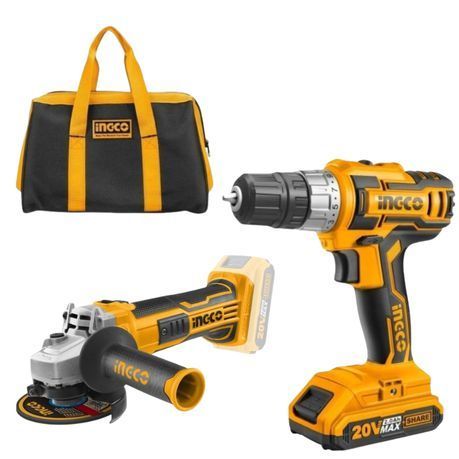 Ingco - Lithium-Ion Cordless Drill (20V) with Angle Grinder and Tool Bag
