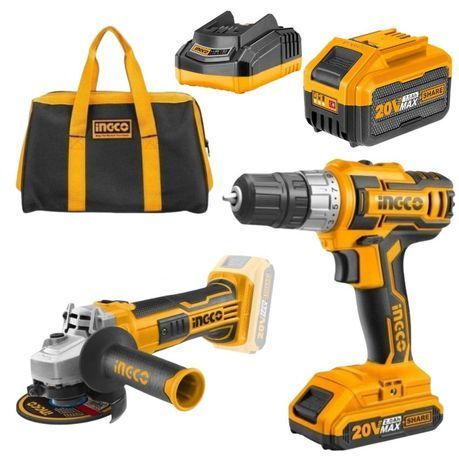 Ingco - Cordless Drill (20V) with Angle Grinder and Battery 7.5AH and Bag