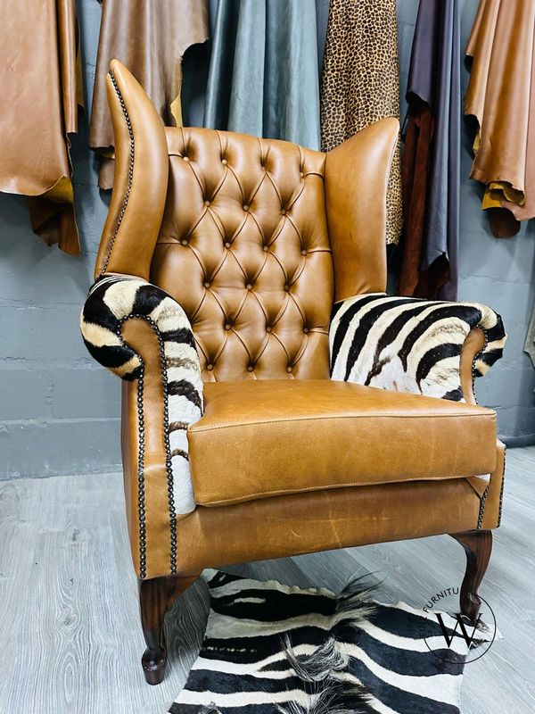 Brand New Genuine Leather Wingback Chairs, Bovine, Kudu, Gemsbok, Chesterfield Style, Diamond back