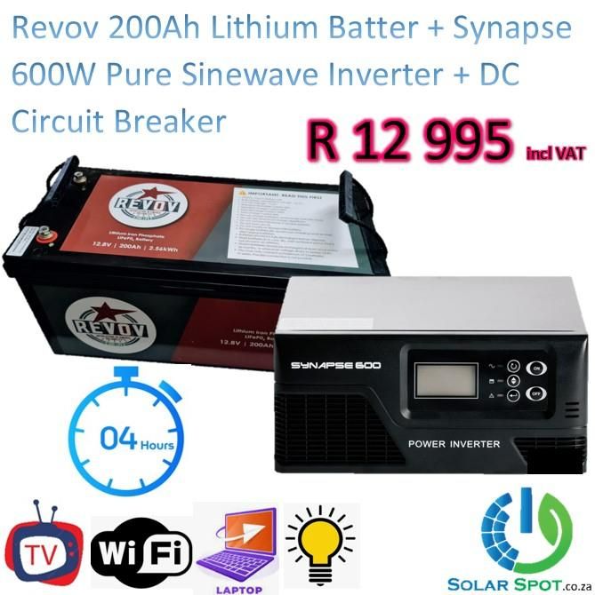Loadshedding Combo Deal: Synapse 600W Pure Sinewave Inverter &#43; Revov 200Ah Lithium Battery