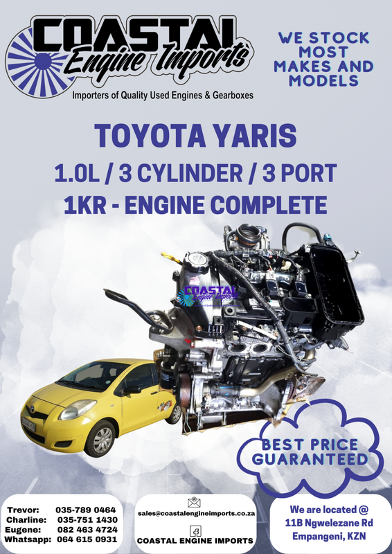 TOYOTA YARIS 1.0L/ 3 CYLINDER / 3 PORT - 1KR ENGINE COMPLETE
