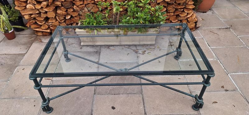 Glass and Cast Iron Coffee Table for Patio or Lounge