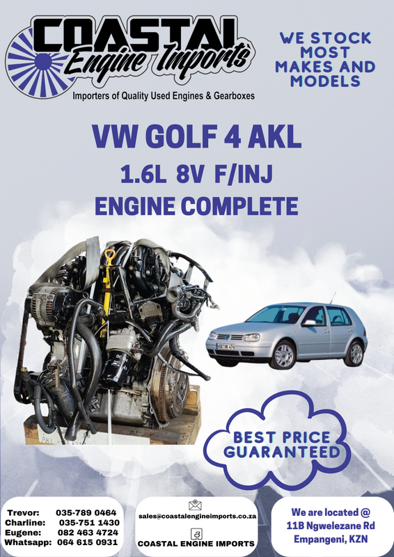 VW GOLF4 1.6L 8V F/INJ AKL ENGINE COMPLETE