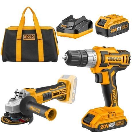 Ingco - Cordless Drill (20V) with Angle Grinder and Battery 4.0AH and Bag