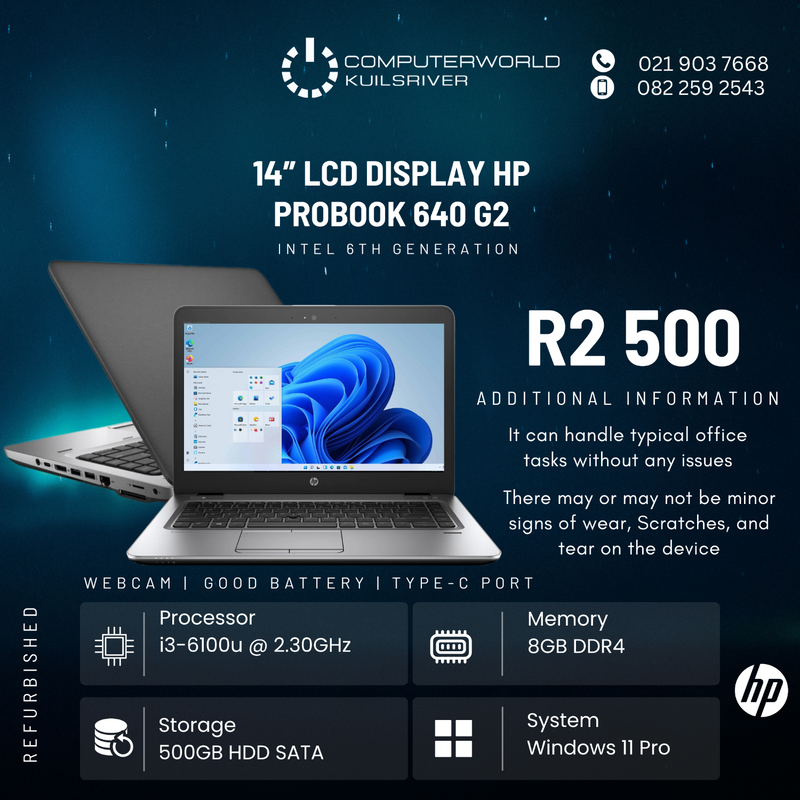 i3 6TH GENE HP ProBook 640 G2 Laptops for R2500