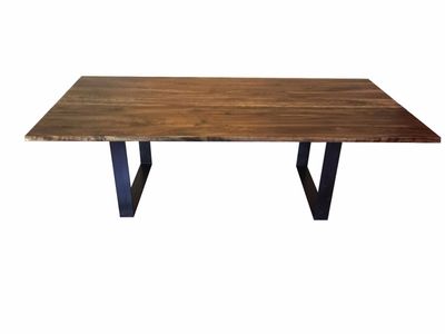 Variety of different wood tables with hoop legs