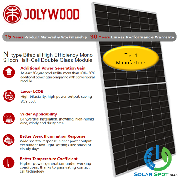 Jolywood 460W N-type Bifacial, High Efficiency, Mono, Half-Cell, Double Glass, Solar Panel