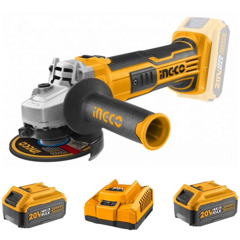 Ingco Cordless Angle Grinder 20V 115Mm Kit (Charger &#43; 2x Battery 5AH incl.)