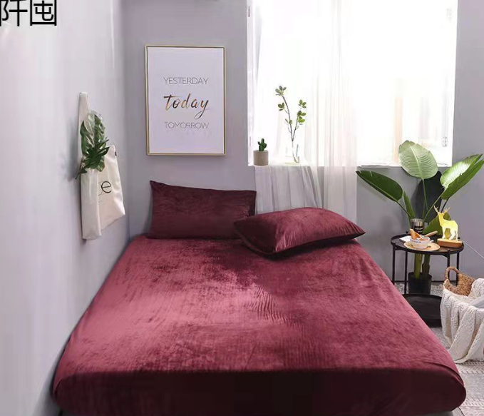 Gently Used 3 Pieces Colorful Velvet Fitted Sheet Queen Size with 2 Pillow Cases - Dark Maroon - Que