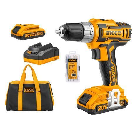 Ingco - Cordless Drill, 2 x 2Ah Batteries, Charger, Bag &amp;  Accessory Set