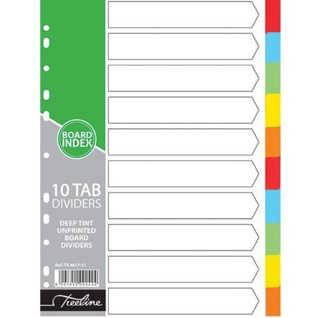 Treeline - 10 Tab Deep Tint Assorted Board Divider Plain - Pack 10
