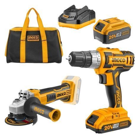 Ingco - Cordless Drill (20V) with Angle Grinder and Battery 5.0AH and Bag