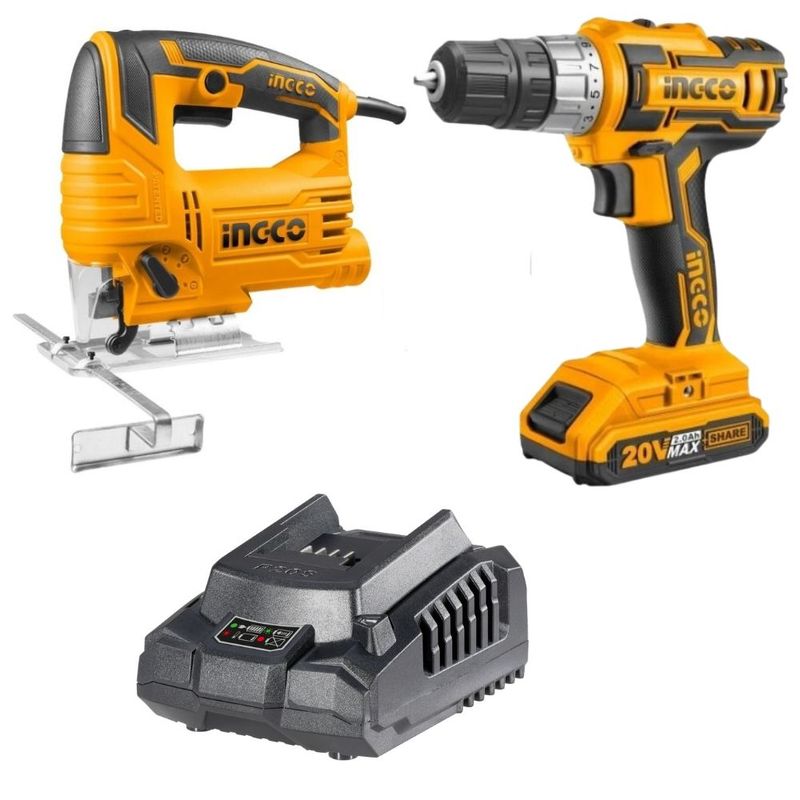 Ingco - Lithium Ion Cordless Drill 20V &#43; Battery &amp;  Charger &#43; Jig Saw 570W