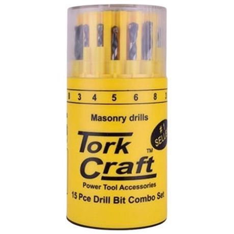 Tork Craft - Drill Bit Combo Set Masonry, Wood, HSS-Twist Drills - 15Piece