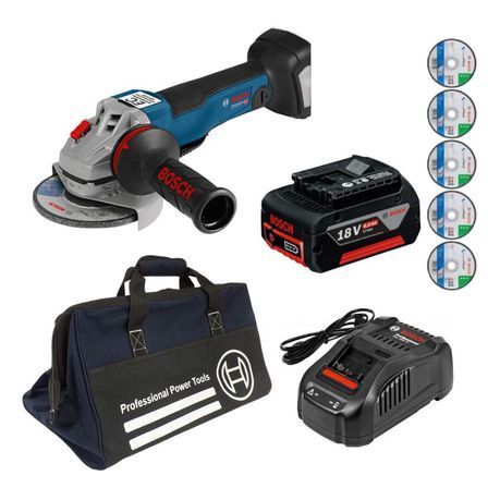 Bosch - Cordless Angle Grinder, Battery, Charger, Cutting Discs &amp;  Bag