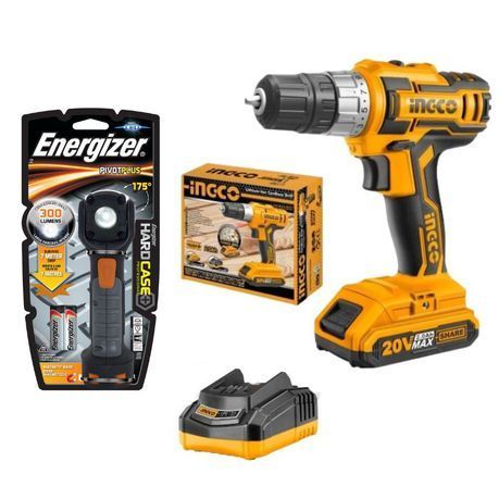 Ingco -Lithium-Ion Cordless Drill -20V, Battery, Charger &amp;  Energizer Light