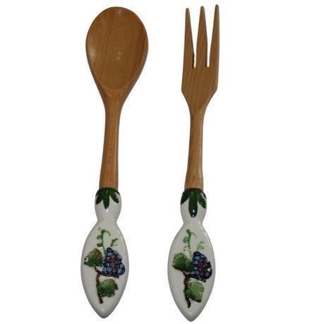 Wooden Spoon and Fork Server with Porcelain Handle