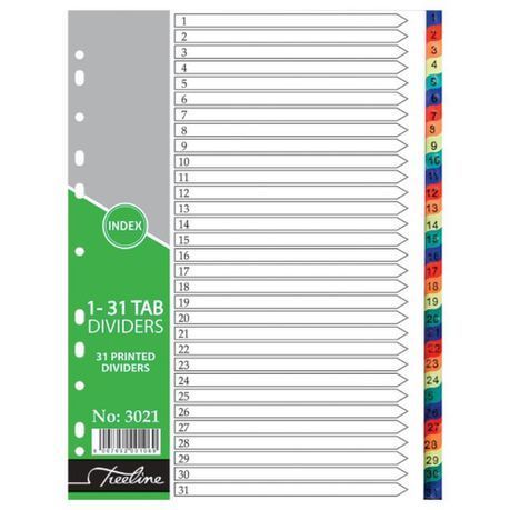 Treeline - A4 Index 1 to 31 Rainbow Dividers A4 PVC - Printed - Pack of 10