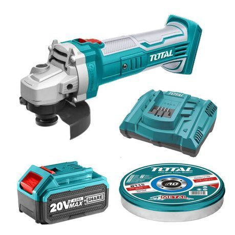 Total Tools - Cordless Angle Grinder, Battery, Charger &amp;  10pc Cutting Disks