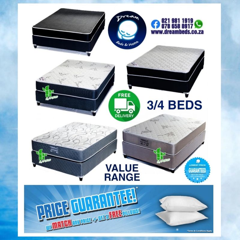 SINGLE / THREE QUARTER Beds and Mattress FREE DELIVERY R1899 to R4899 - Factory Prices Direct