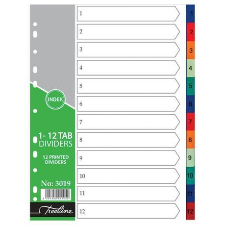 Treeline - A4 Index 1 to 12 Rainbow Dividers A4 PVC - Printed - Pack of 10