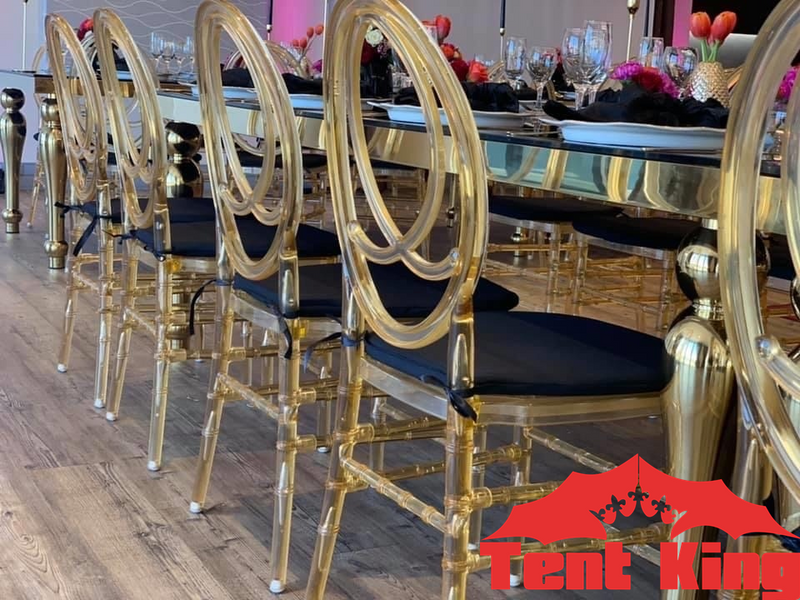 Goldtrim Chairs Tables for Hire Phoenix Chairs, Wimbledon Chairs, Tiffany, Glass Glossy Tables