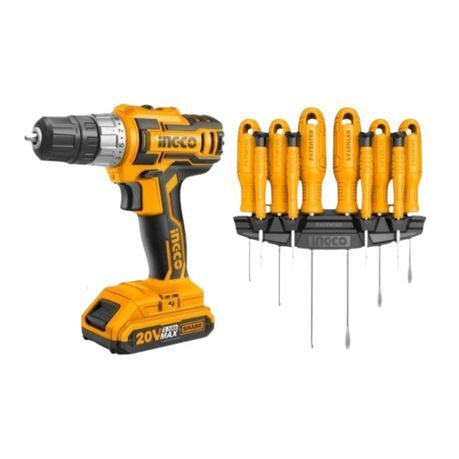 Ingco - Cordless Drill, Charger and Battery(20V) with Screwdriver Set 10 Piece